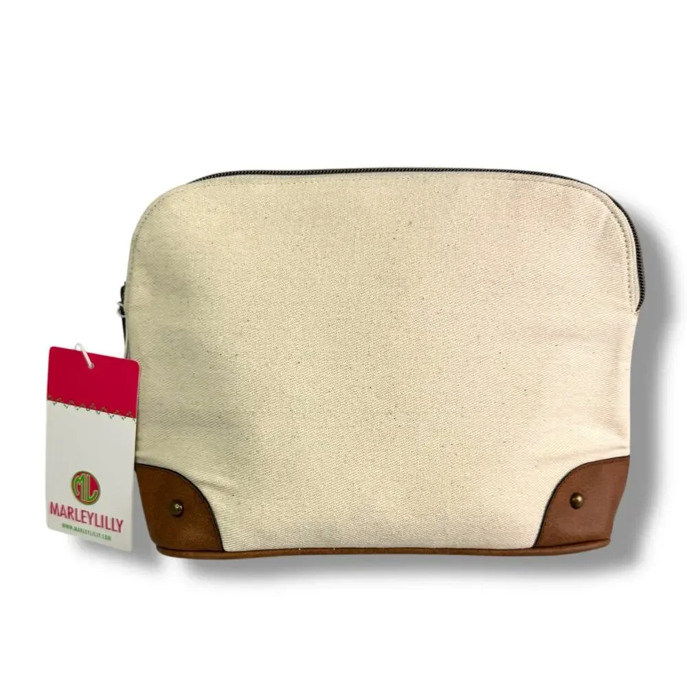 Marley Lilly Canvas & Leather Zip Pouch Cosmetic Case Travel Bag Vintage Look